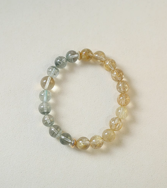 Natural Green Phantom Quartz with Golden Rutilated Quartz Bracelet – Original Design for Wealth and Luck