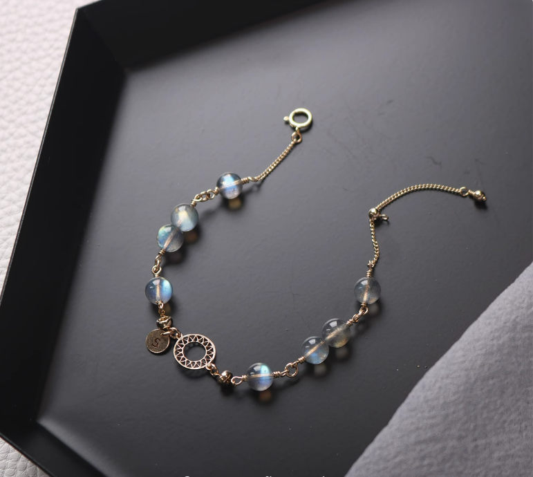 Natural Moonstone Crystal Bracelet – Customizable Letter Design, 14K Gold Chain