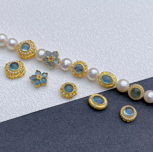 S925 Ancient Silver Plated Gold Accessories Inlaid with Natural Aquamarine Flower Spacer Beads for DIY Handmade Beading and Knotting.