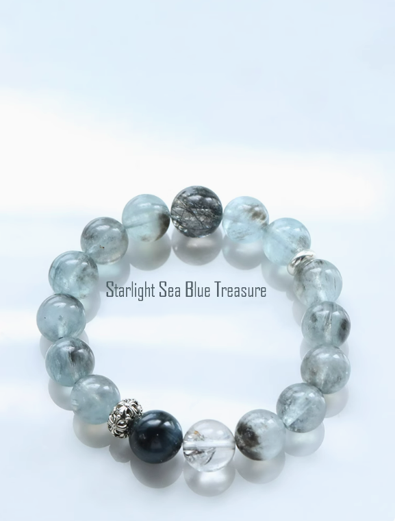 Starlight Aquamarine, Sparkling Diamond, Black Tourmaline, Chinese Style Natural Crystal Bracelet - Women's Couples Bracelet.