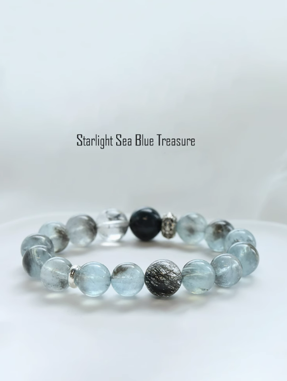 Starlight Aquamarine, Sparkling Diamond, Black Tourmaline, Chinese Style Natural Crystal Bracelet - Women's Couples Bracelet.