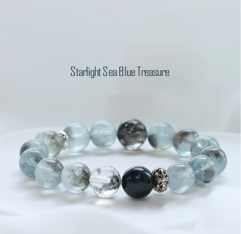 Starlight Aquamarine, Sparkling Diamond, Black Tourmaline, Chinese Style Natural Crystal Bracelet - Women's Couples Bracelet.