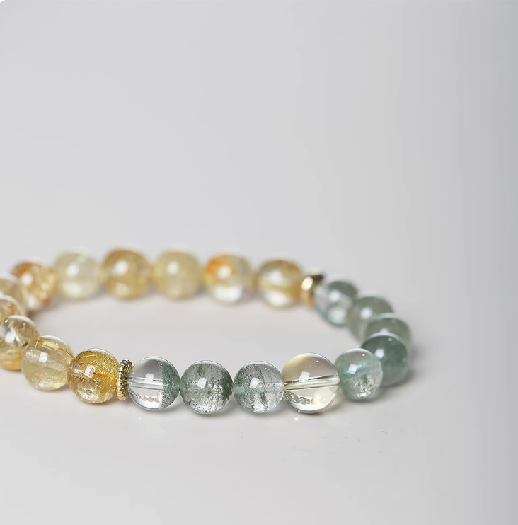 Natural Green Phantom Quartz with Golden Rutilated Quartz Bracelet – Original Design for Wealth and Luck