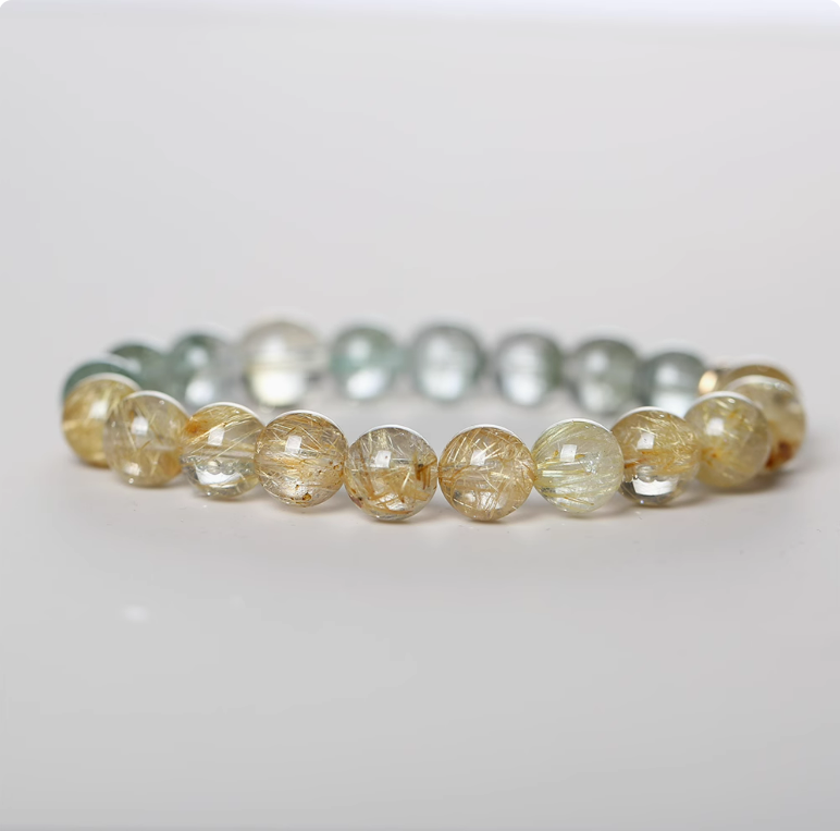 Natural Green Phantom Quartz with Golden Rutilated Quartz Bracelet – Original Design for Wealth and Luck